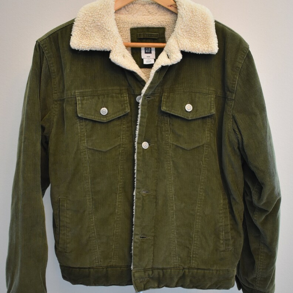 Gap Vintage Forest Green Corduroy Sherpa Lined Trucker Jacket